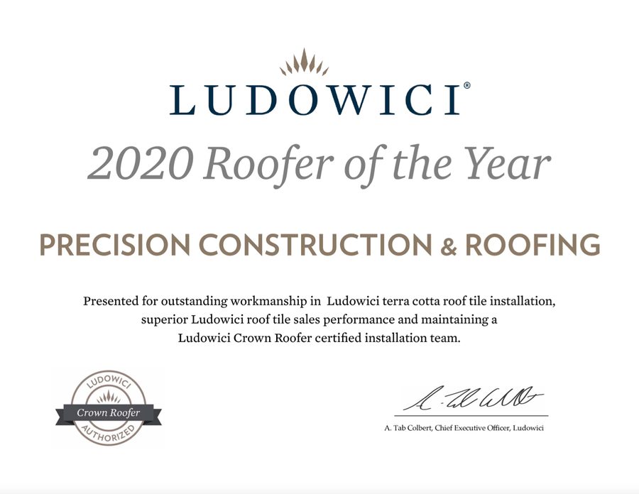 Ludowici 2020 Roofer of the Year certificate, Precision Construction and Roofing