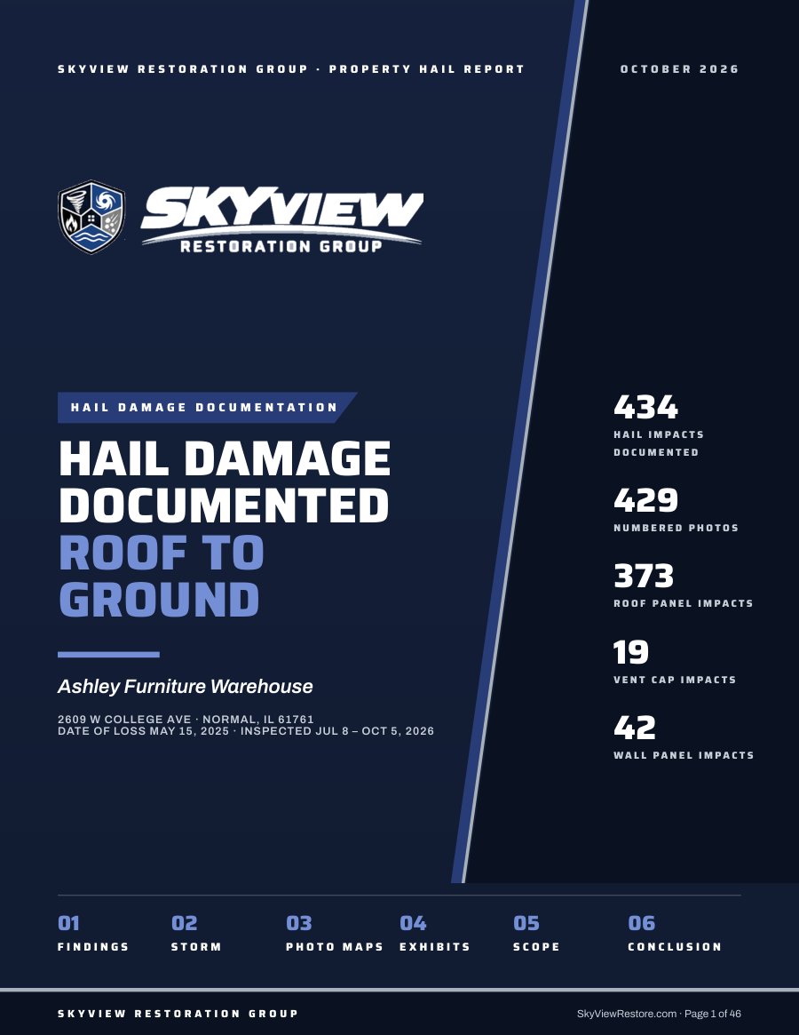 Cover of the SkyView Restoration Group property hail report: 434 hail impacts documented roof to ground