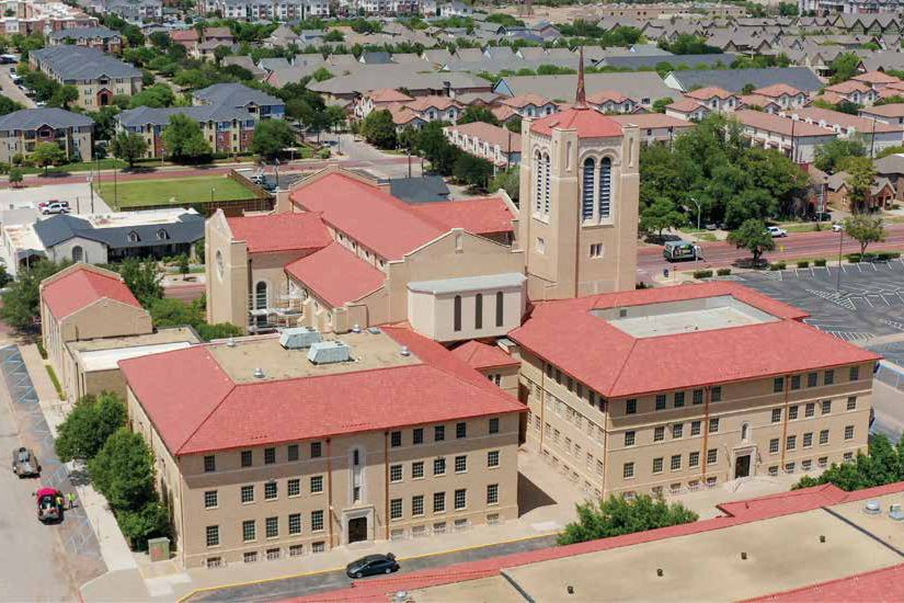 First Baptist Church in Lubbock, Texas, with a new red clay tile roof, aerial view