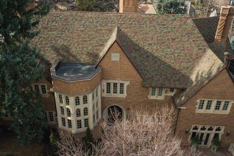 Richardson Residence with a hand-slushed Ludowici tile roof, aerial view