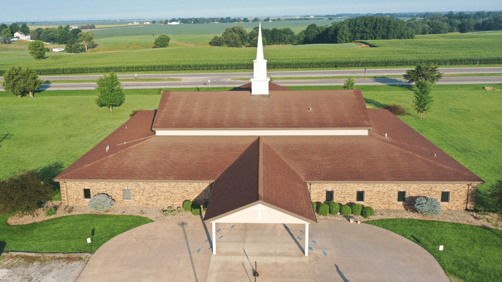 Church with a new roof, aerial view from the front