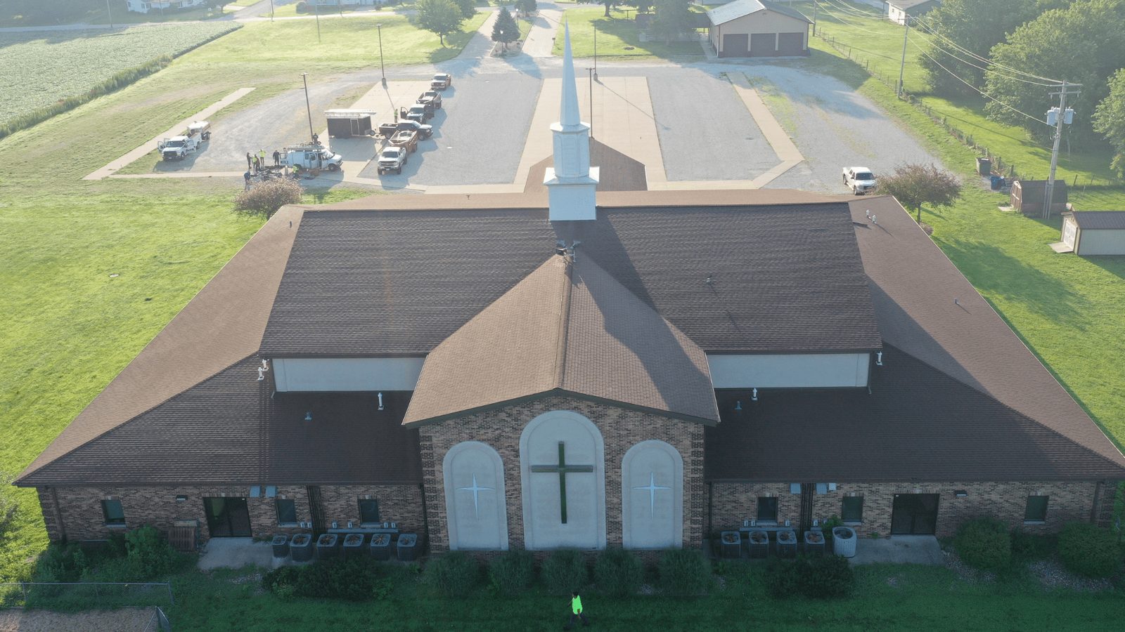 Church with a new roof and steeple, aerial view
